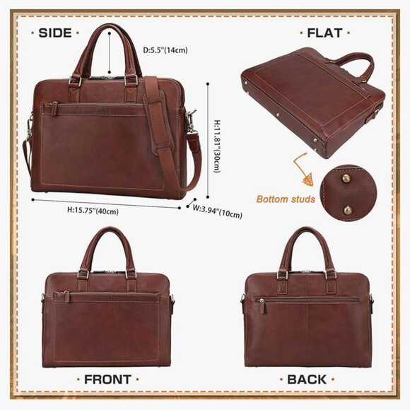 Banuce Full Grain Leather Briefcase Work Bag in Brown - Picture 2 of 16